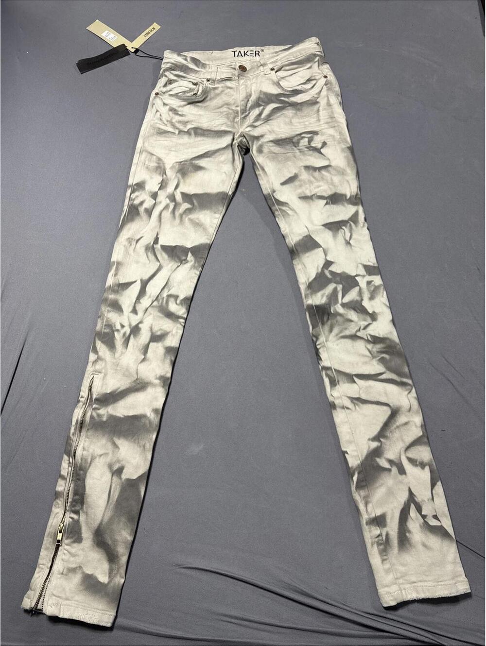 TAKER Men's Tie Dye Ripped Flare Jeans 29x36 Streetwear Distressed Denim